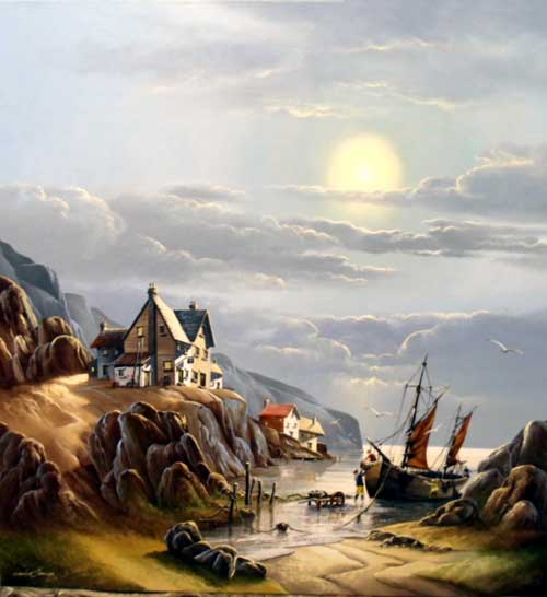 Moonlit Harbour - Painting by David James