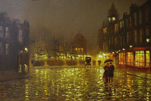 Harbour street scene - Painting by John Bampfield