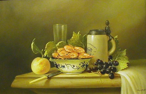 Still life with prawns - Painting by Raymond Campbell